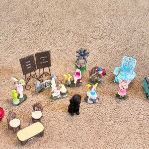 Whimsical Garden Figurine Set with Black and Pink Accents